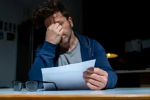 Verzweifelter Mann mit Kündigung in der Hand